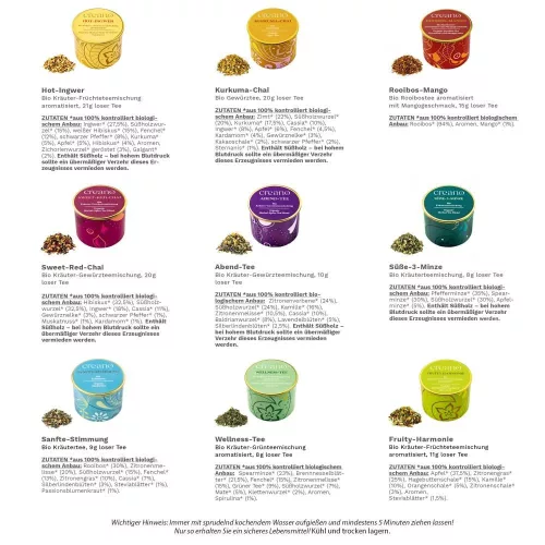 Creano bio gyógynövényes tea mix szett, 3 doboz szálas tea, gyümölcsös kamilla/édes menta/rooibos mangóval