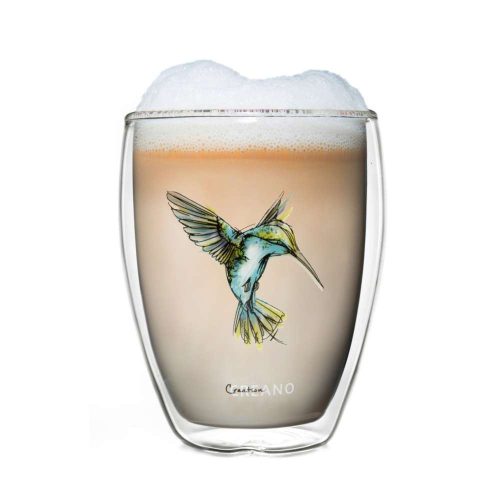 Pahar termic Creano Hummi, 250 ml, sticla borosilicata, perete dublu, decor colibri albastru