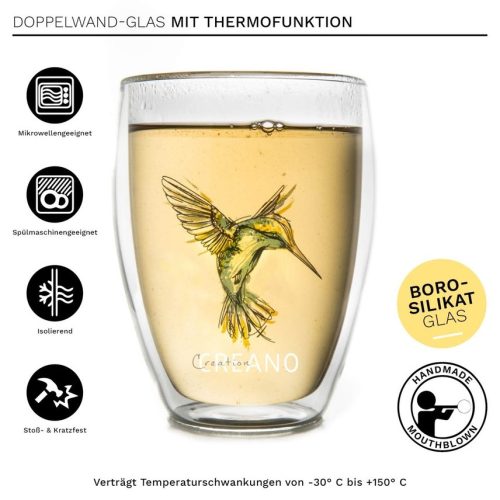 Pahar termic Creano Hummi, 250 ml, sticla borosilicata, perete dublu, decor colibri albastru