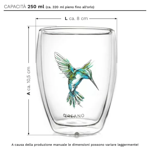 Pahar termic Creano Hummi, 250 ml, sticla borosilicata, perete dublu, decor colibri albastru