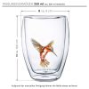Pahar termic Creano Hummi, 250 ml, sticla borosilicata, perete dublu, decor colibri rosu