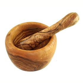 Olívafa mozsár törővel, 14 cm átmérő, 9–10 cm magas