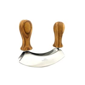   Mezzaluna aprítókés olívafa nyéllel, dupla rozsdamentes acél pengével, 13 cm szélesség
