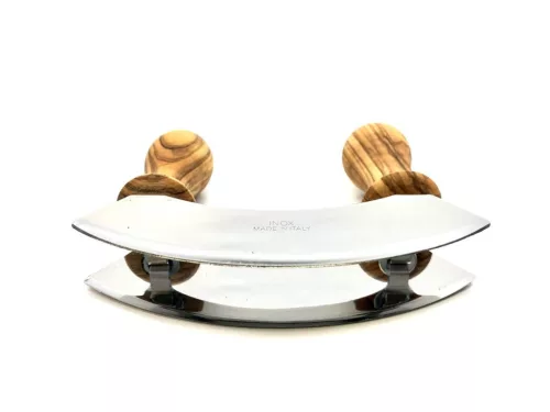 Mezzaluna aprítókés olívafa nyéllel, dupla rozsdamentes acél pengével, 13 cm szélesség