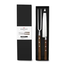   Set transare Rominox Scolpi, cutit si furculita, lemn piersic, cutie cadou, 32 cm, inox