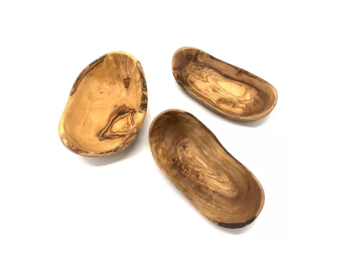 Rusztikus ovális olívafa tál, 9–11 cm hossz, 6 cm széles, snackekhez és tálaláshoz