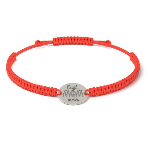 Ezüst karkötő piros fonott zsinórral, Best Mom modell