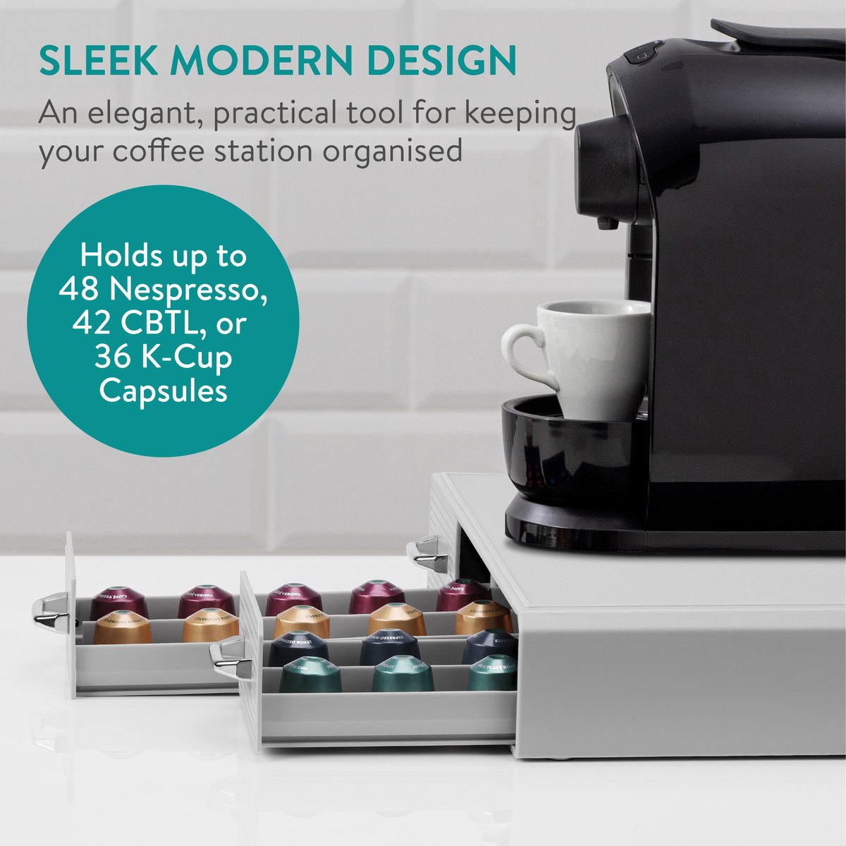 Set suport aparat cafea 3 sertare pentru capsule si organizator 2 sertare pentru consumabile Navaris, gri